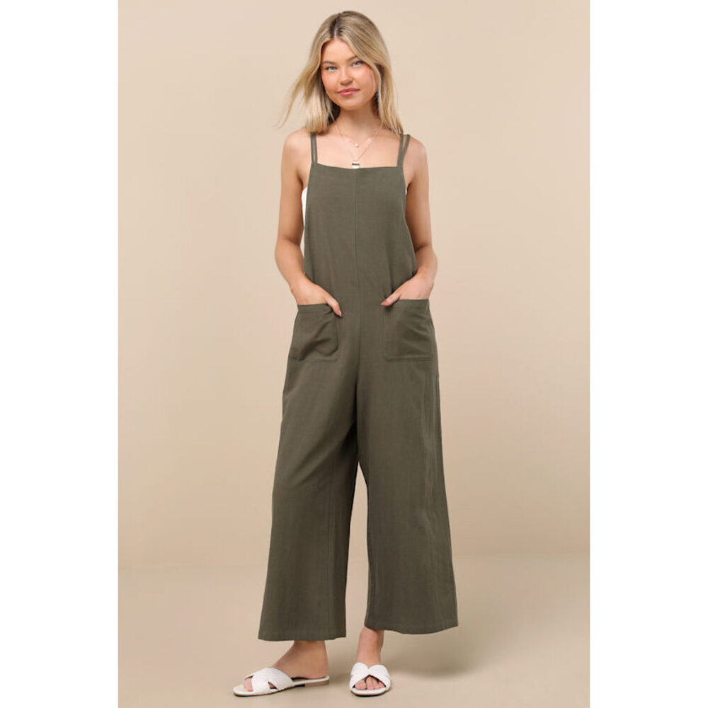 Lulus Claudie Sage Linen Sleeveless Cropped Jumpsuit Green - Size S